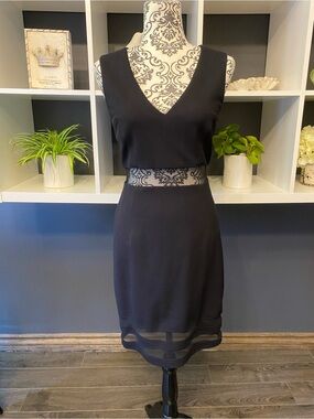 Marciano V-Neck Black Mini Dress with Sheer Lace Waist and Hem Size S